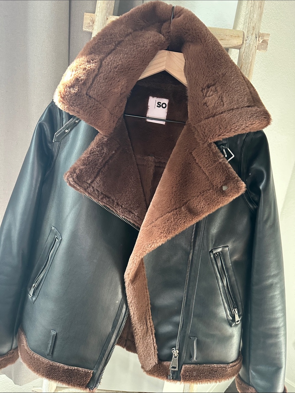 SO Black Leather Jacket with Brown Faux Shearling Lining
